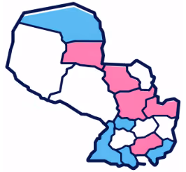 Mapa de Paraguay con ciertas regiones resaltadas en rosa y azul.