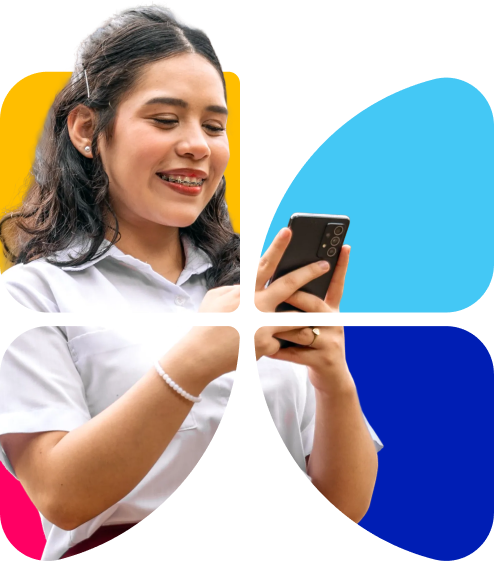 Mujer sonriente con brackets, vistiendo un blazer rojo, tomándose una selfie con un smartphone rosa, enmarcada por formas abstractas y coloridas.