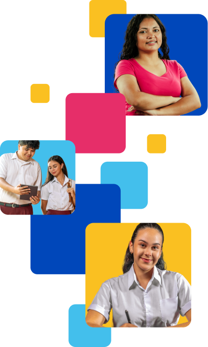 Estudiantes con uniformes bordó usando dispositivos móviles y una tablet, sonriendo e interactuando con la tecnología.