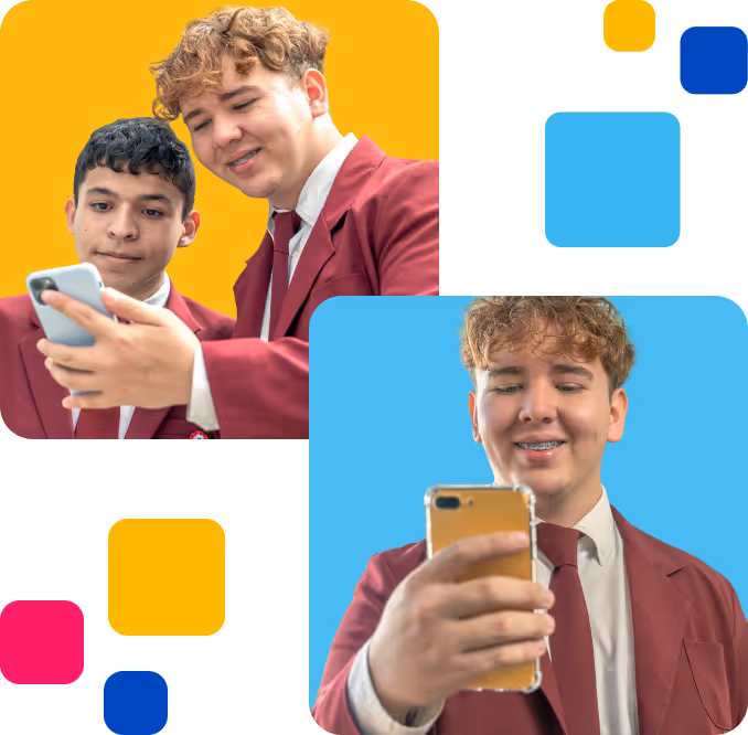 Dos chicos adolescentes con uniformes escolares color bordó mirando un smartphone con un fondo naranja, y un chico con el mismo uniforme sonriendo mientras sostiene un smartphone con un fondo azul.