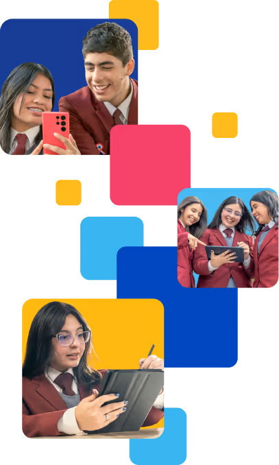 Estudiantes con uniformes bordó usando dispositivos móviles y una tablet, sonriendo e interactuando con la tecnología.